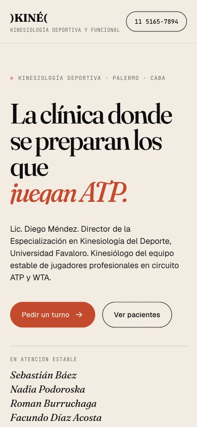 Página de ejemplo para una clínica de kinesiología, vista en un celular